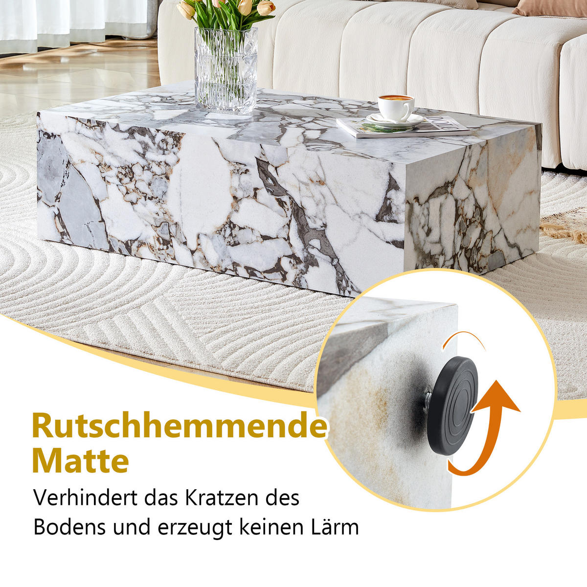 COUCHTISCH 90/50/30 cm weiß aus MDF mit Marmoroptik ohne Montage - Weiß, Holzwerkstoff (90/50/30cm) - OKWISH