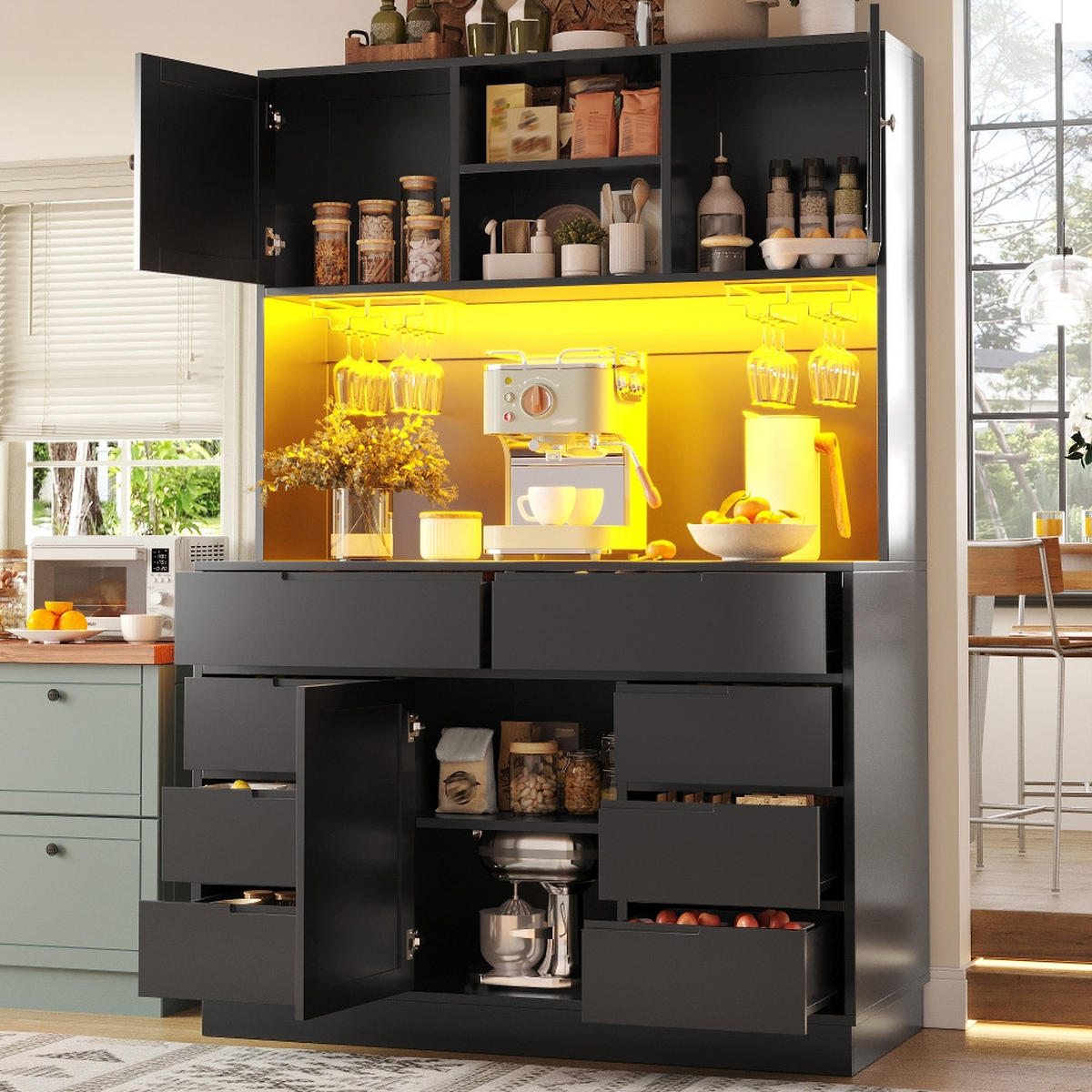 KÜCHENSCHRANK, SMART LED BELEUCHTUNG, 8 SCHUBLADEN, HÖHENVERSTELLBARE BÖDEN, Schwarz, 120/40/183,5 cm - Schwarz, Kunststoff (40/183.5/120cm) - Rolipo