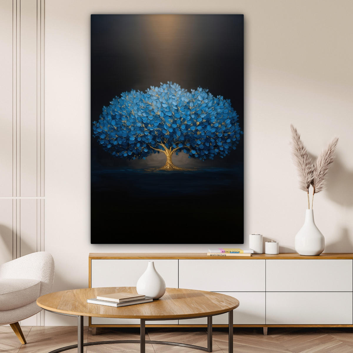 LEINWANDBILD Baum - Blau - Blätter - Pinselstriche Deko XXL 80x120 cm - Blau, Textil (80/120cm) - MuchoWow