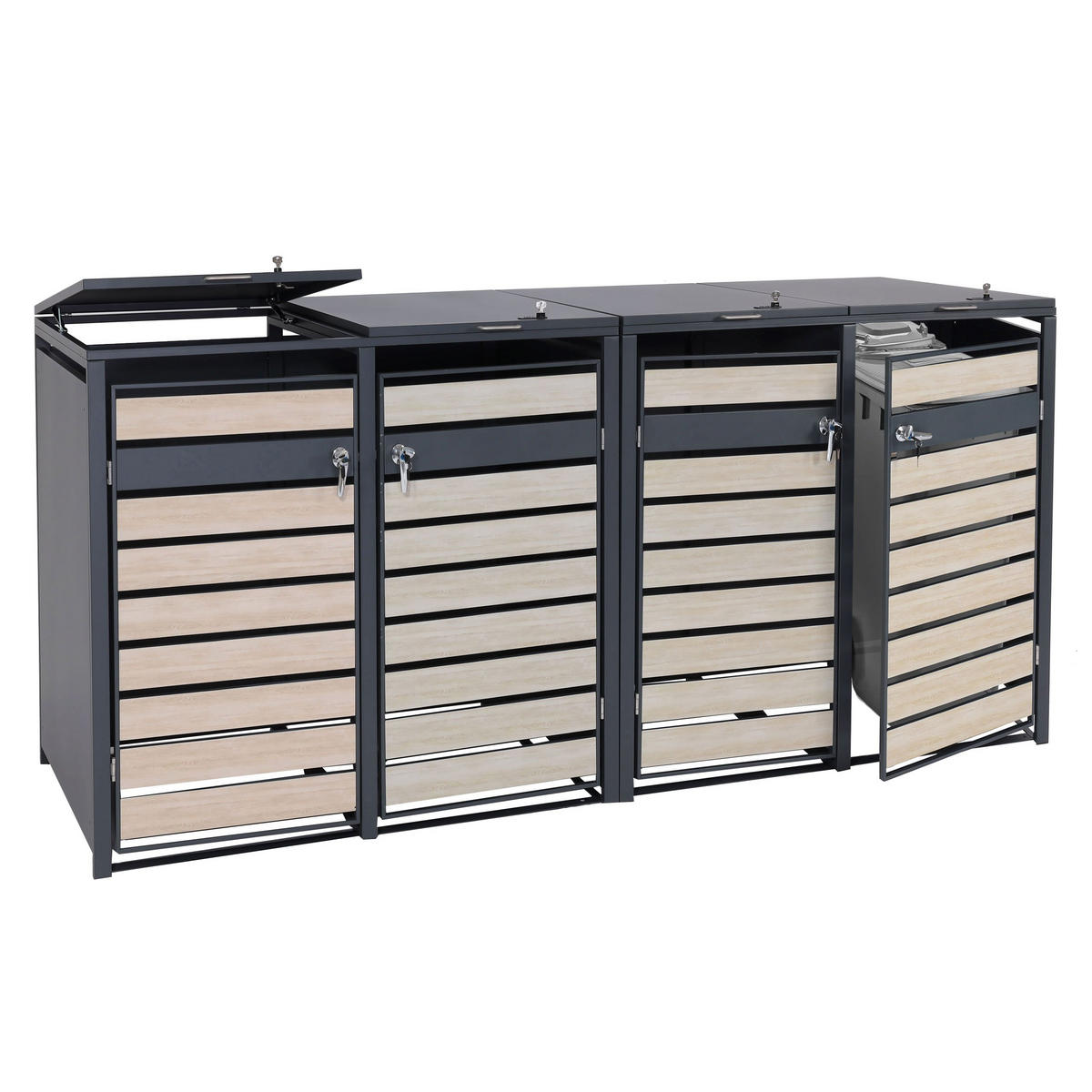 MÜLLTONNENBOX 4er/8er XL 117x284x98cm Metall 118kg Anthrazit Buche-Holzoptik Hellbraun - Hellbraun, Metall (284/117/98cm) - PROREGAL
