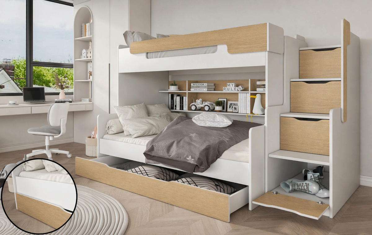 ETAGENBETT HARRY 260x129 cm – Stockbett für 2 Personen mit Treppe, Stauraum und 2 Matratzen - Braun, Holz (120/200cm) - Wohnideebilder