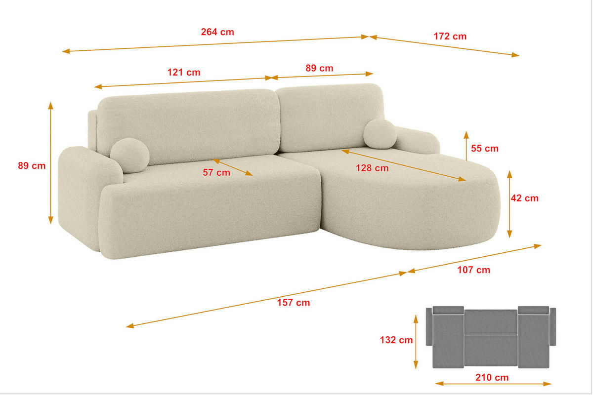 ECKSOFA mit Schlaffunktion und Bettkasten LIRA-L - 264x172x89 Beige - Beige, Holzwerkstoff/Textil (172/264cm) - ALTDECOR