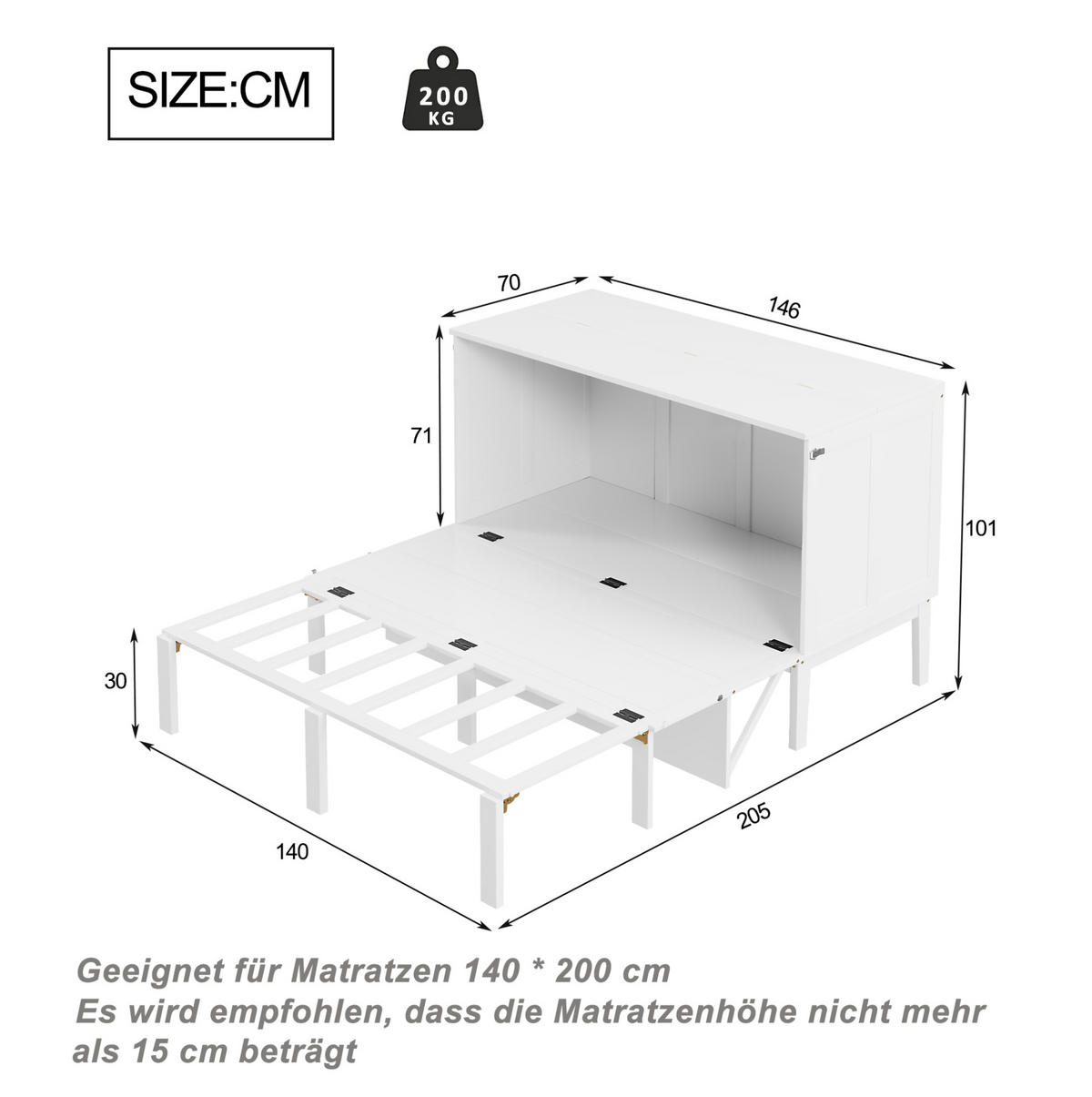 SCHRANKBETT 140/200 cm Weiß vertikal aus Holz mit Stauraum - Weiß, Holz (140/200cm) - MIVRAY