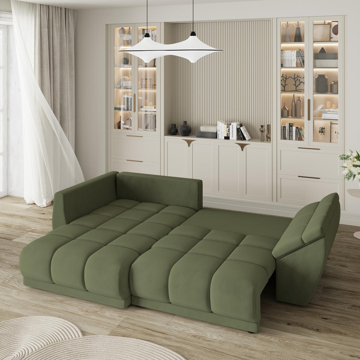 ECKSOFA ORENTI L-S Grün Velours-Stoff mit Schlaffunktion - Grün, Holz (287/182cm) - MASSENO