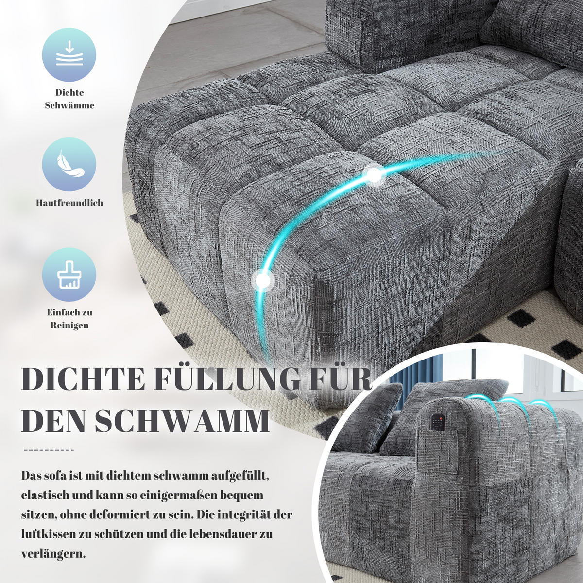 ECKSOFA chenille L-form mit chaiselongue & 3 kissen - Grau, Textil (250/158cm) - Urban Meuble