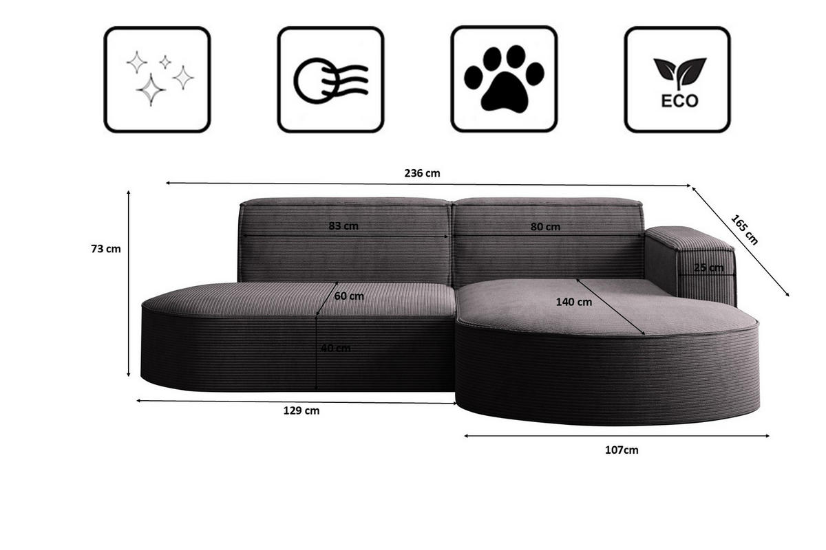 ECKSOFA Modena Studio, Cord-Stoff Dunkelgrau Rechts - Dunkelgrau, Holzwerkstoff/Textil (236/165cm) - Kaiser Möbel