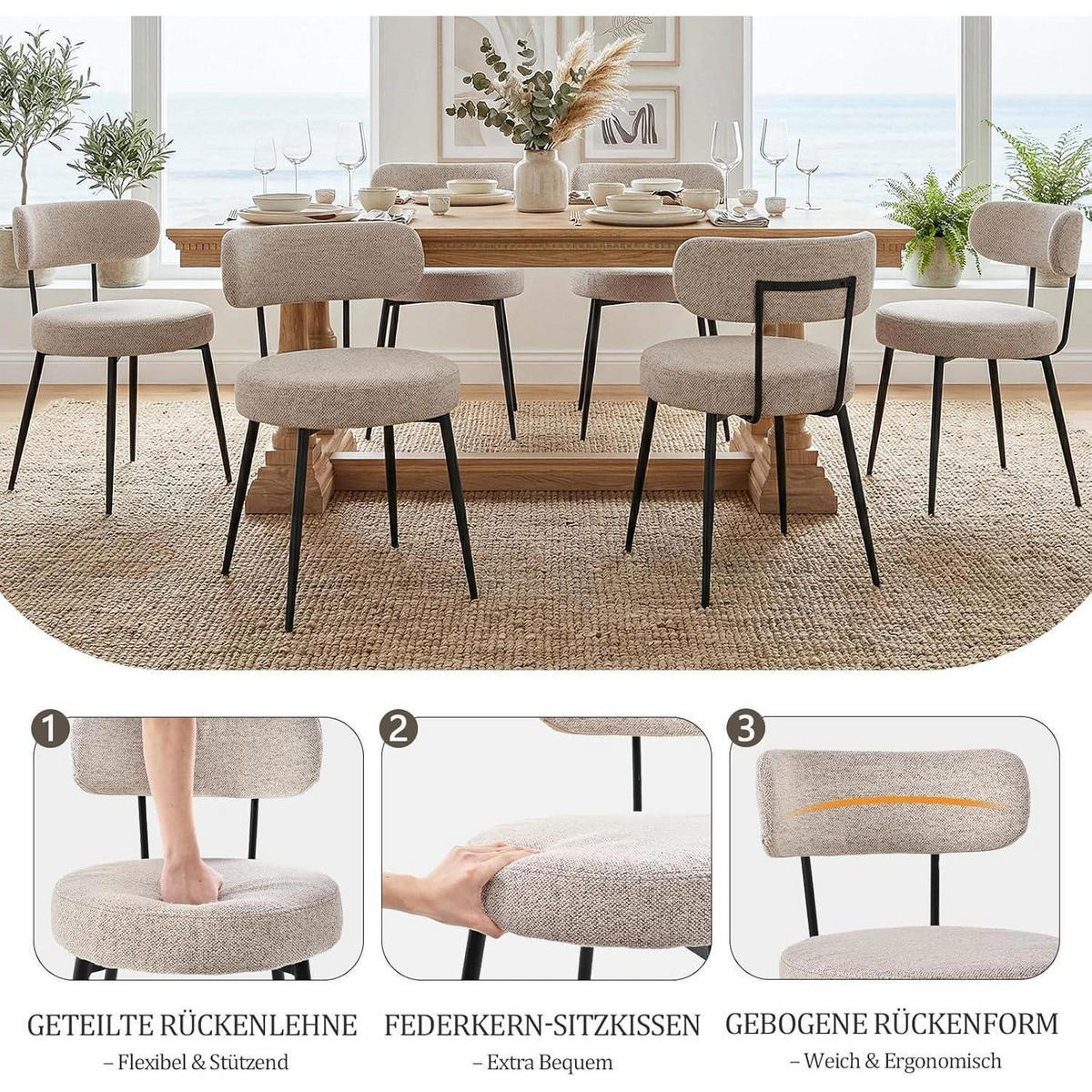 ESSZIMMERSTÜHLE 6er Set Bouclé Leinen Braun mit Metallbeinen - Beige, Textil (54/80.5/50cm)