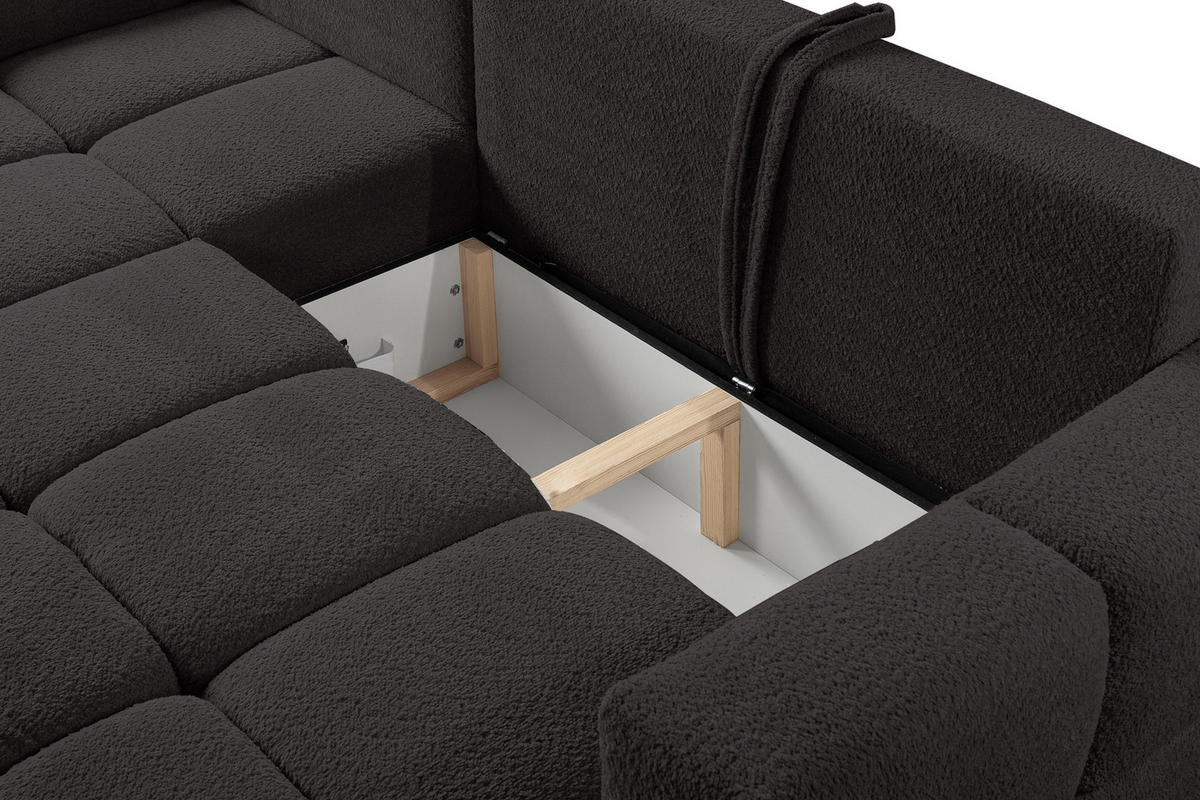 ECKSOFA LUSSO mit Schlaffunktion und Bettkasten, Farbe: Schwarz, Bouclé-Stoff, Ottomane Universal - Schwarz, Textil (255/165cm)