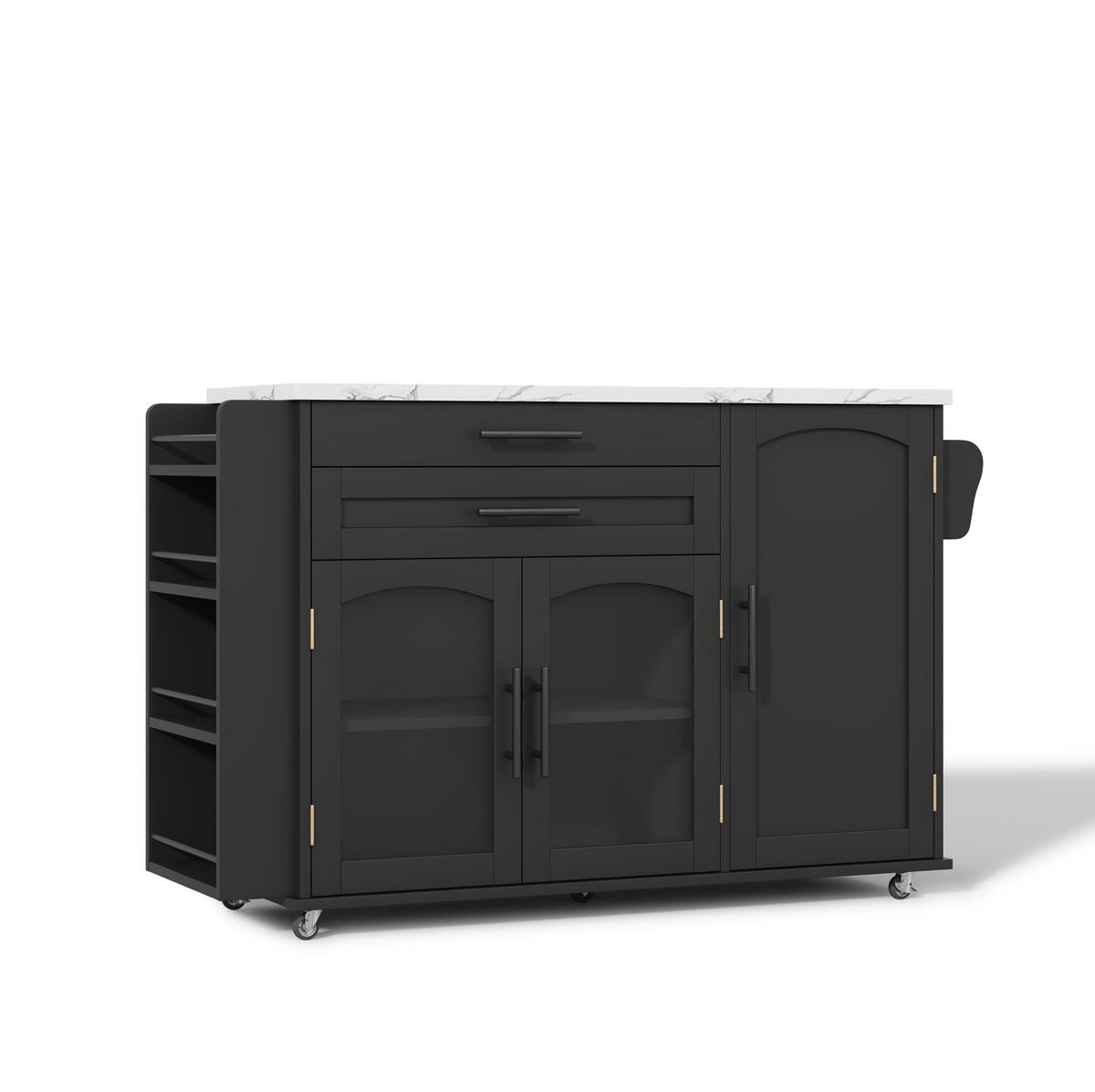 KÜCHENINSEL aus MDF 120x45(70)x90 cm Schwarz mit klappbarer Arbeitsplatte, 5 Rollen und viel Stauraum - Schwarz, Holzwerkstoff (138/90/70cm) - Modfu
