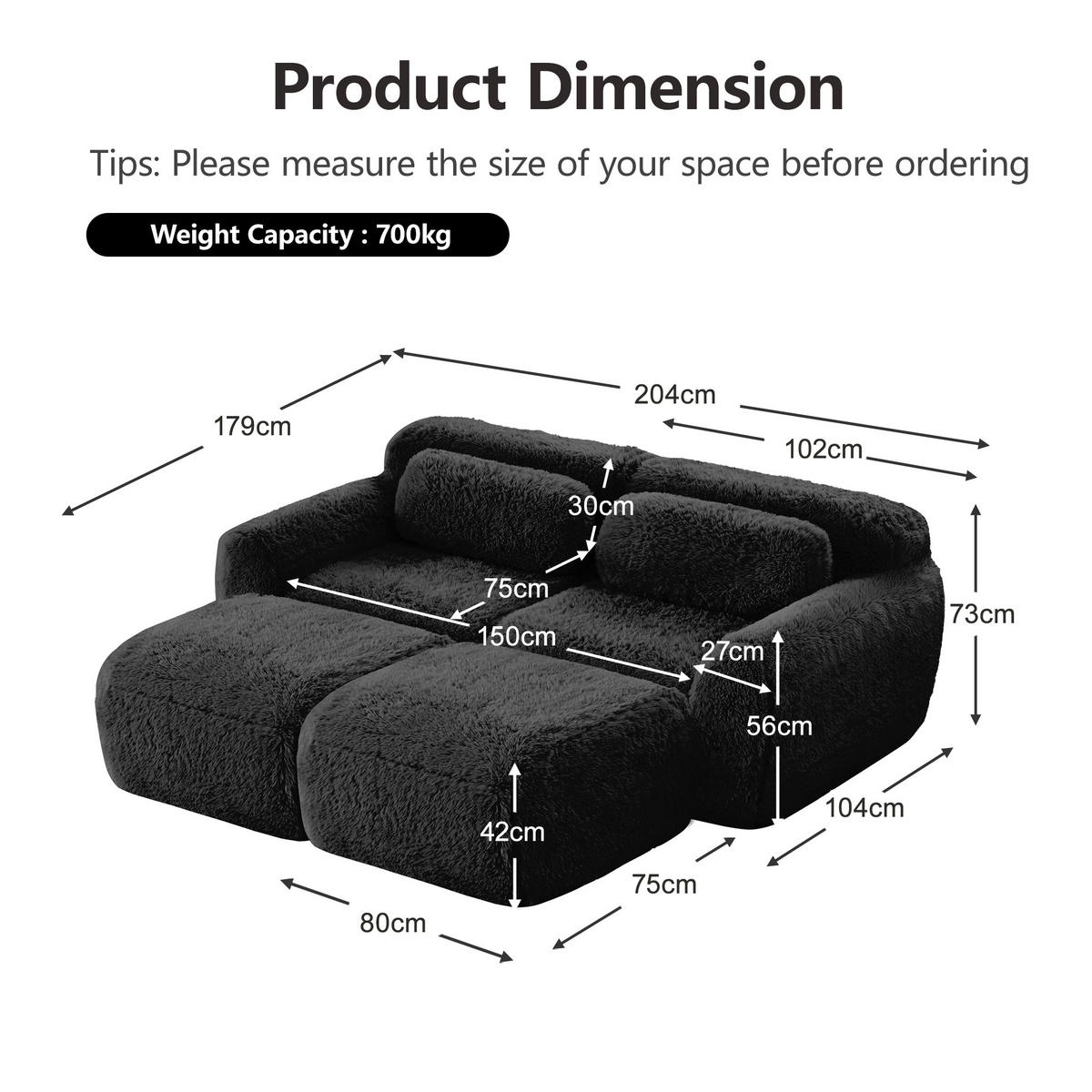 2-SITZER SOFA Plüsch Schwarz mit 2 Ottomanen - Schwarz, Textil (204/73/179cm) - WISHDOR
