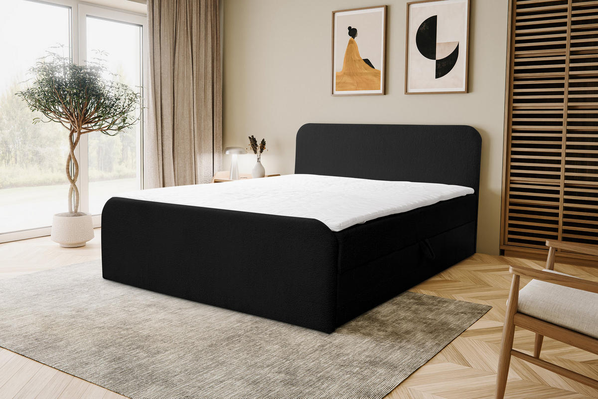 BOXBETT LAMBI mit 2 Bettkästen, 180x200, Farbe: Schwarz, Bouclé-Stoff, mit Bonell-Matratze inkl. Topper - Schwarz, Holz/Kunststoff (180/200cm) - VENASI MÖBEL