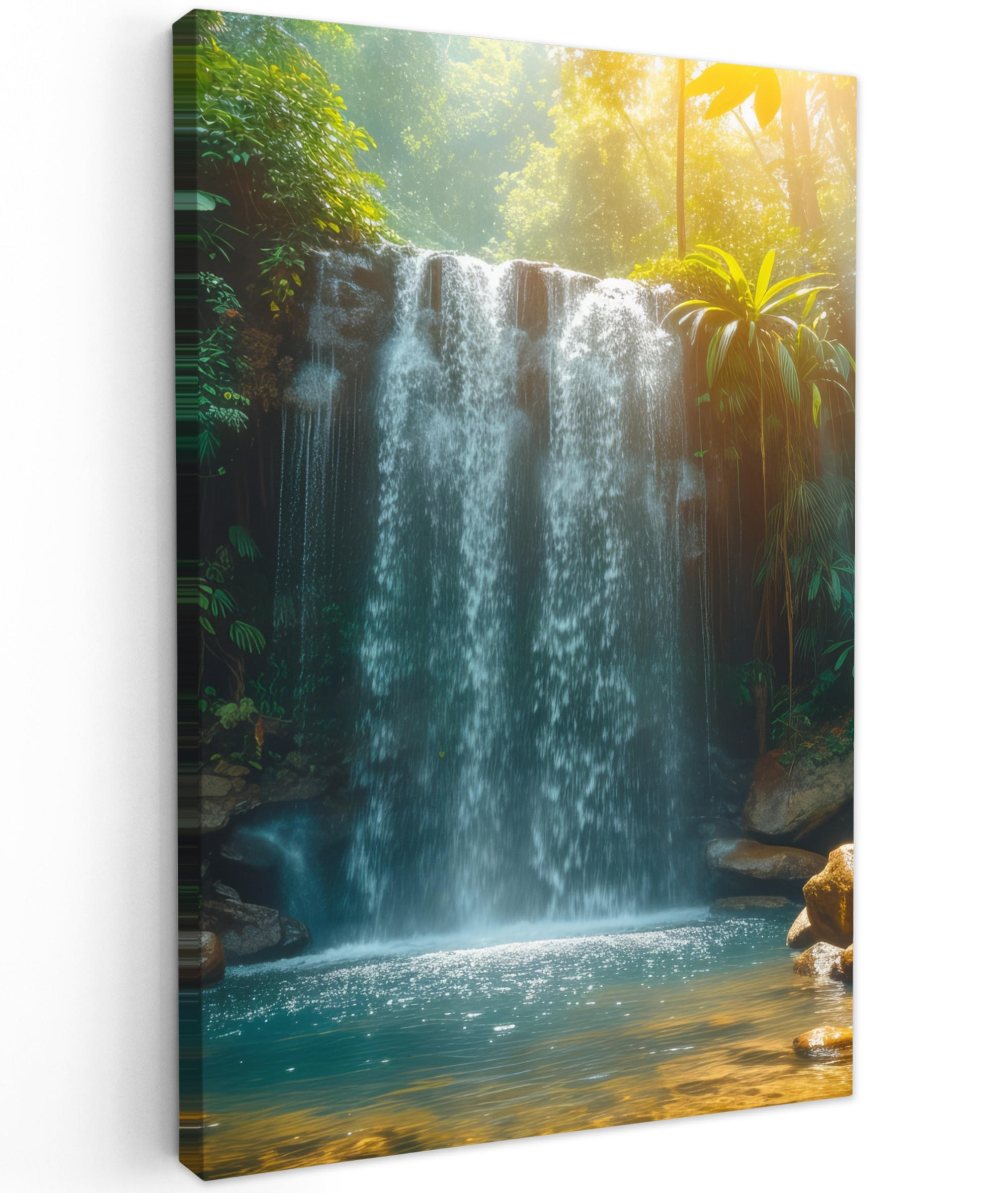 LEINWANDBILD Wasserfall - Dschungel - Sonne - Grün - Natur 80x120 cm - Grün, Textil (80/120cm) - MuchoWow