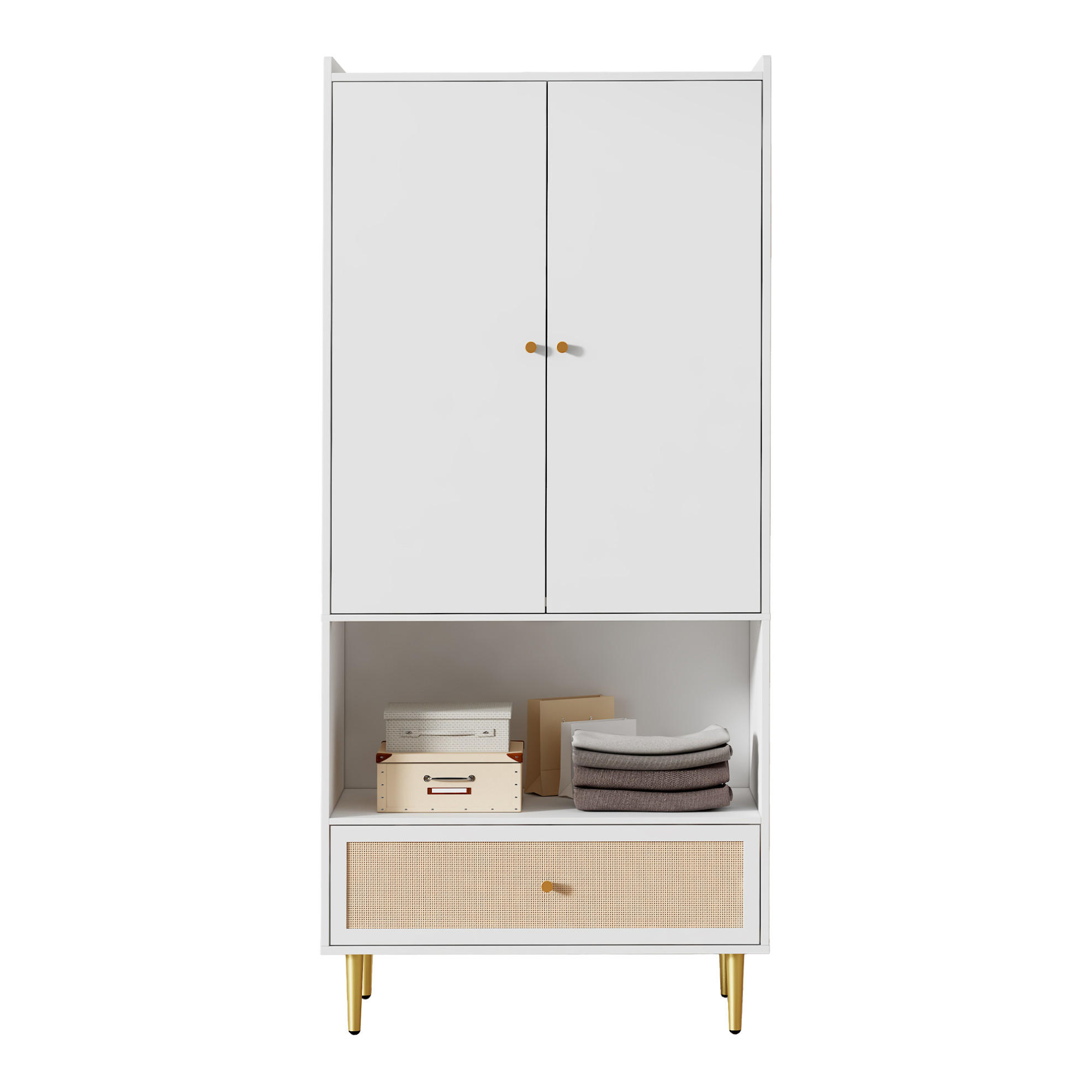 KLEIDERSCHRANK, Spanplatte mit Rattan-Schublade & Kleiderstange, 80/48/175 cm, Weiß/Natur - Weiß, Holzwerkstoff (80/175/48cm) - Redom