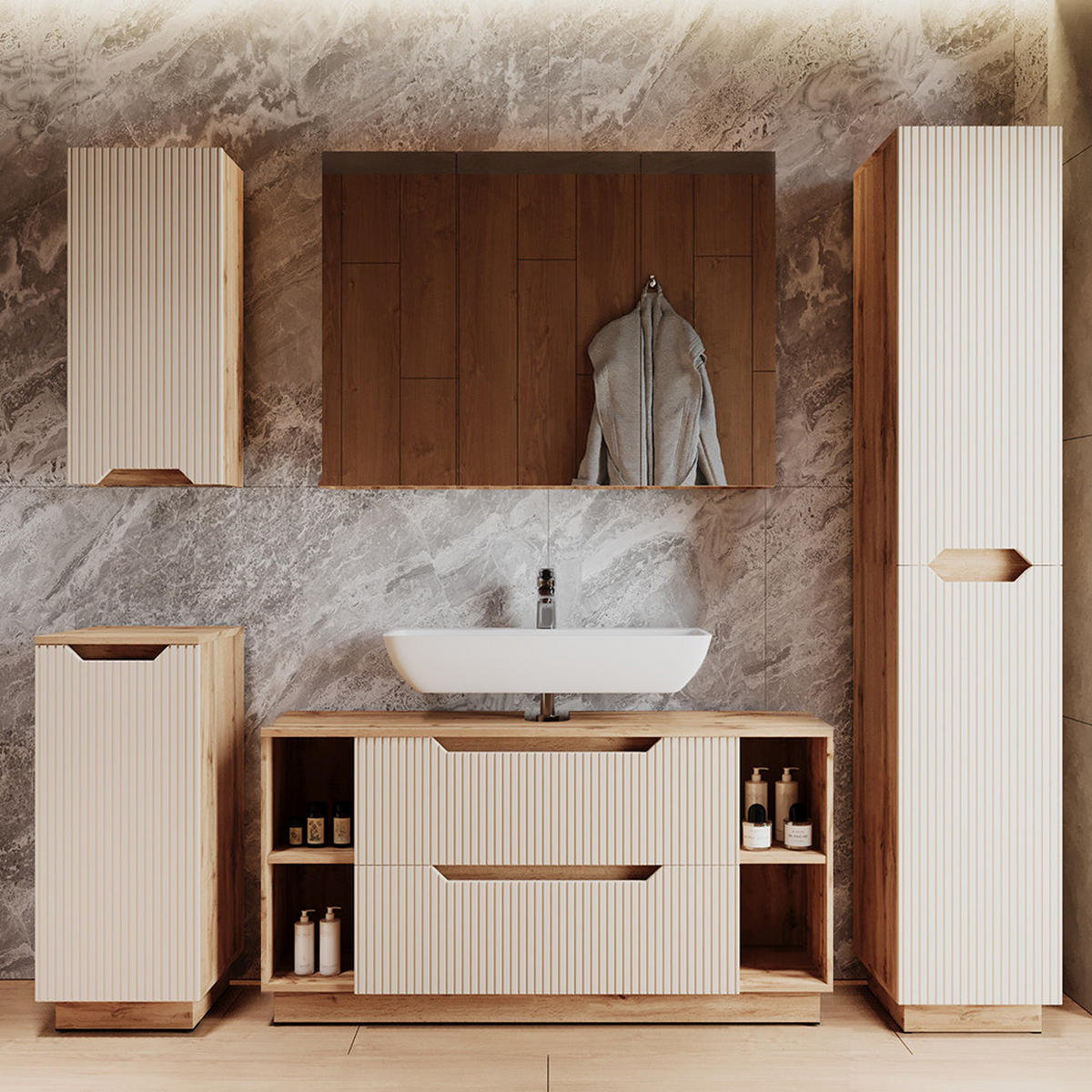 BADMÖBEL-SET Lotta Eiche/Kaschmir gestreift 4 Teile - Kaschmir/Eichefarben, Holzwerkstoff (119.2/62.5/35cm) - Vicco