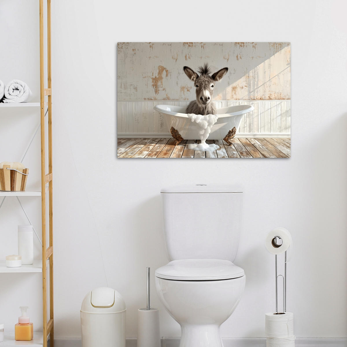 LEINWANDBILD Esel - Tiere - Badewanne - Schaumstoff Wanddeko 90x60 cm - Weiß, Textil (90/60cm) - MuchoWow