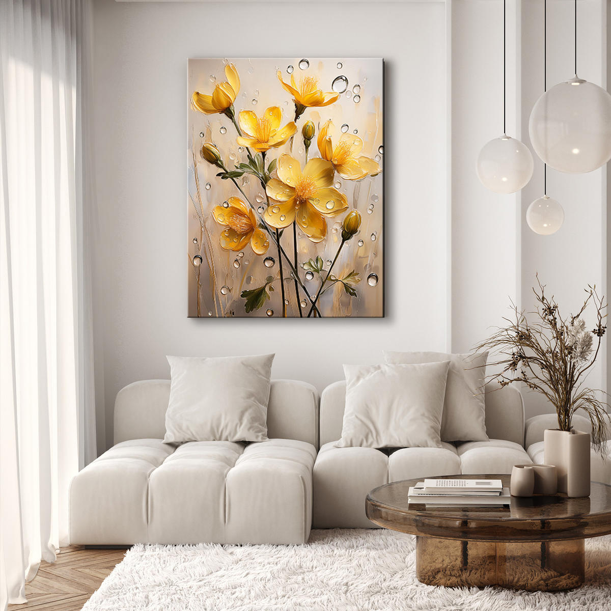 WANDBILD gelbe regentropfen blume - Gelb, Textil (40/60cm) - Feeby