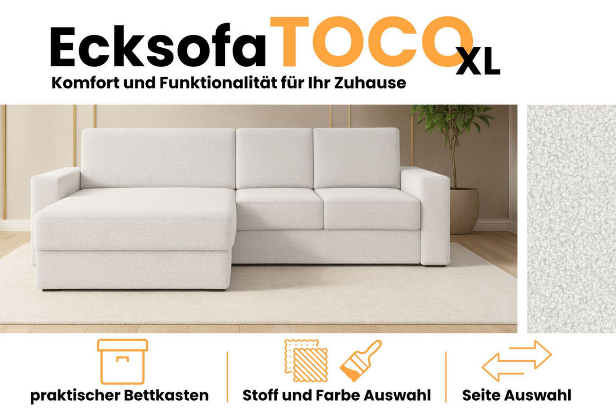 ECKSOFA TOCO XL 275/170 cm in Boucle Weiß links - Beige, Holz/Holzwerkstoff (275/170cm) - Deine Möbel 24