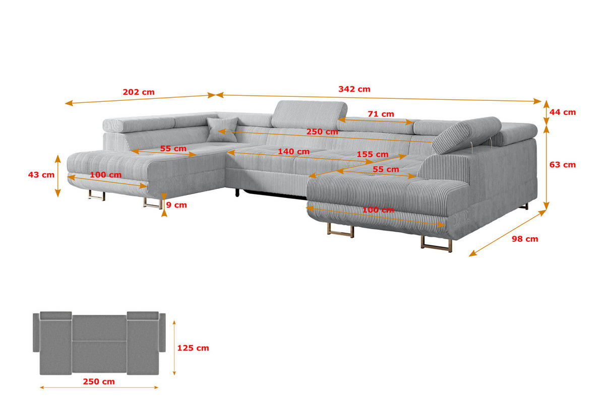 WOHNLANDSCHAFT mit Schlaffunktion und Bettkasten GUSA-U 342x202x107 cm Grau Cord - Silberfarben/Grau, Holzwerkstoff/Textil (342/107/202cm) - ALTDECOR