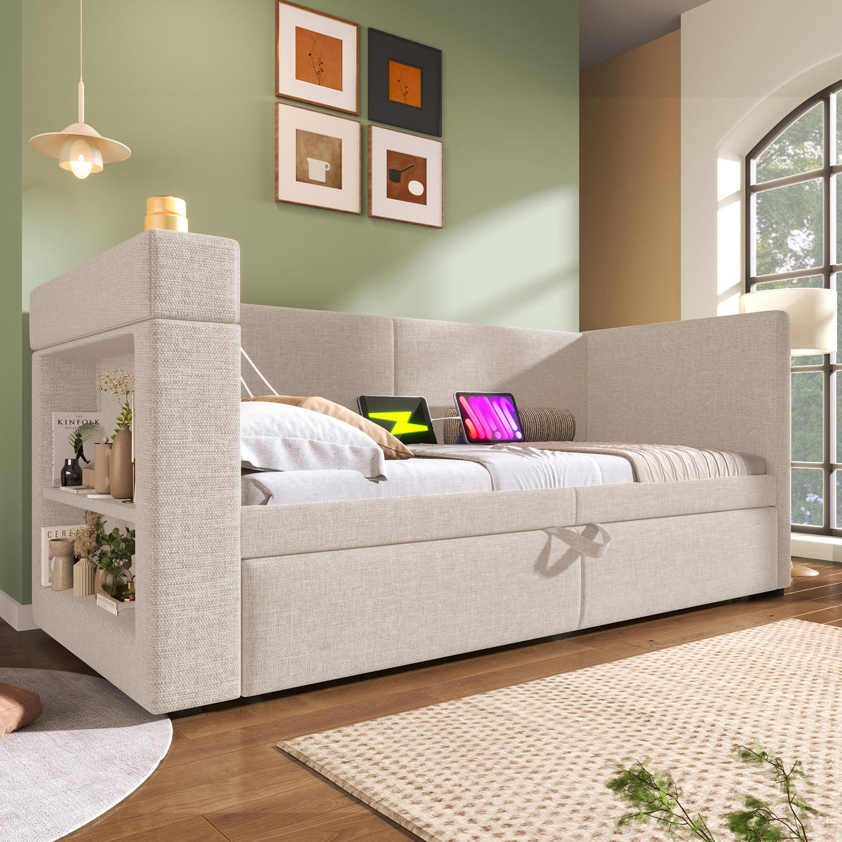 POLSTERBETT 90/200 cm mit Ausziehbett, USB- und Type-C-Anschluss, Getränkehaltern und Baumwoll-Leinen-Bezug, Beige - Grau, Textil (90/200cm) - Redom