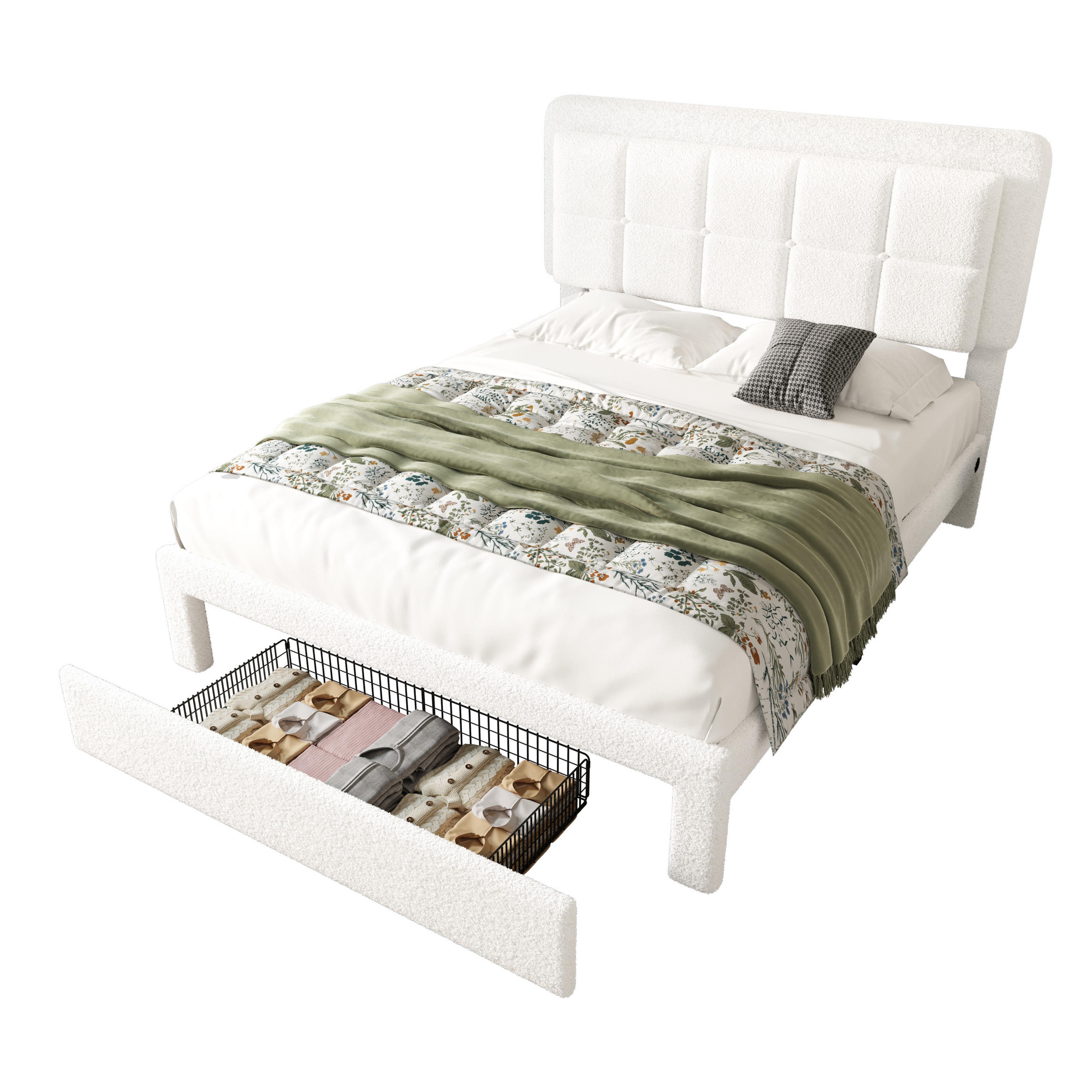 POLSTERBETT 160/200 cm weiß Teddy mit verstellbarem Kopfteil und USB-Anschluss - Weiß, Textil (160/200cm) - OKWISH