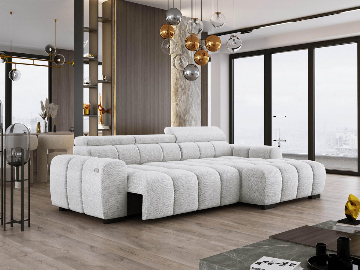 ECKSOFA OMBO 285x168x77/97 cm, Rechts, Schlaffunktion, elektr. Sitz, Kopfstützen, hydrophober EDEN-Stoff – Esche - Hellgrau, Holz/Textil (285/168cm) - DomoHome