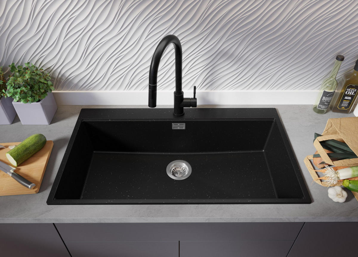 SPÜLBECKEN Oslo, 3-er set Schwarz Metallic 88/50 cm, 1 Becken + Ablauf-Set + Schneidebrett ab 90er Unterschrank - Chromfarben/Schwarz Hochglanz, Kunststoff (88/20/50cm) - Primagran