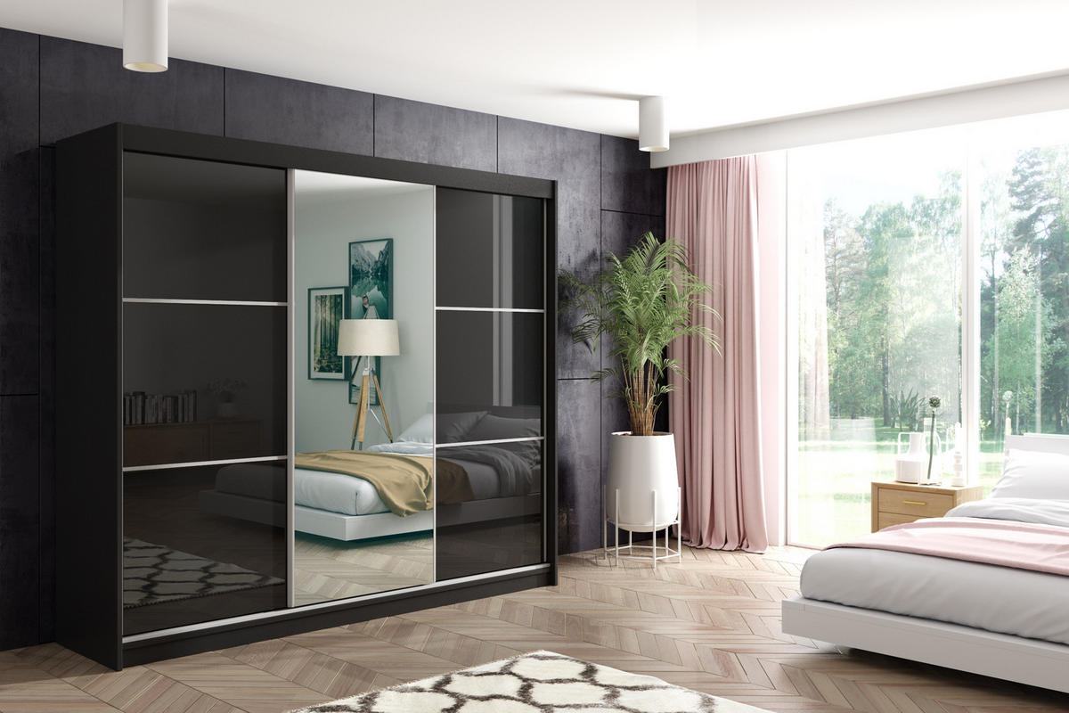 KLEIDERSCHRANK mit Spiegel-Schiebetüren und Aluminium-Leisten, LED-Beleuchtung - VIVONA - 240 cm Schwarz - Schwarz, Holzwerkstoff (240/216/61cm) - ALTDECOR