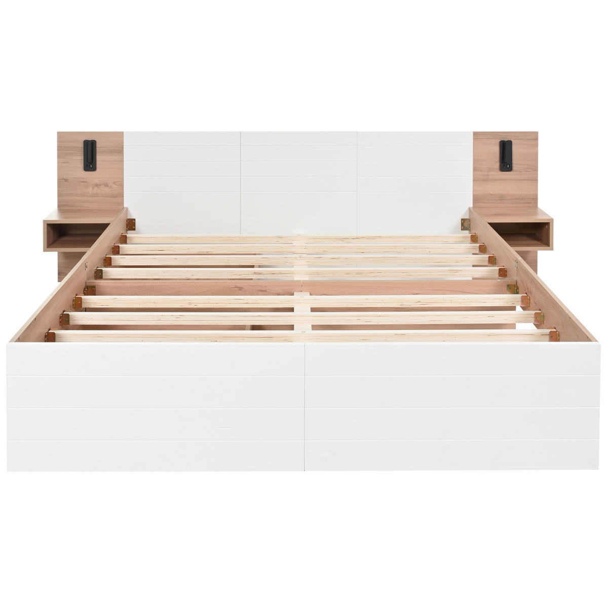 DOPPELBETT 140/200 cm aus Massivholz und MDF mit Leselicht, USB, 2 Schubladen und 2 Nachtkommoden,und Matratze, Weiß/Eiche - Weiß, Holzwerkstoff (140/200cm) - Redom