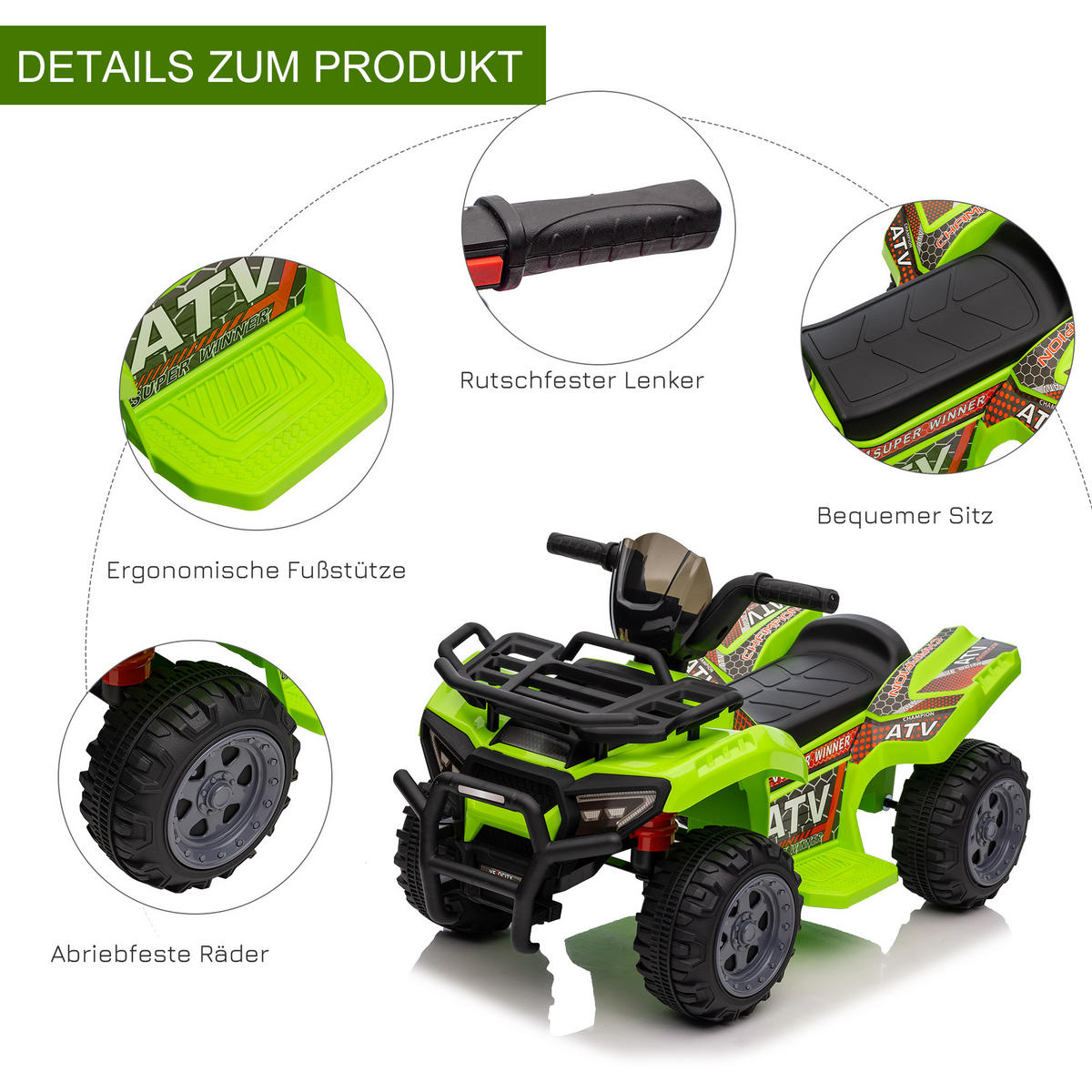 MINI ELEKTRO-QUAD KINDER, Schwarz/Grün/Rosa/Rot, Metall+ PP-Kunststoff - Grün, Metall (70/42/45cm) - HOMCOM