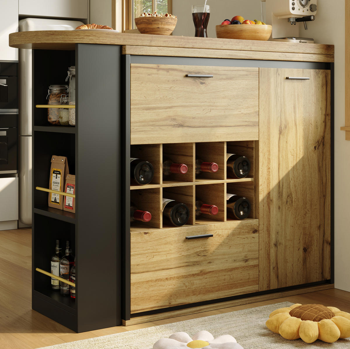 BARTISCH 138-220/39/105 cm in Holzoptik mit Stauraum und ausziehbarer Tischplatte - Naturfarben, Holzwerkstoff (138/39/105cm) - Flora Grace