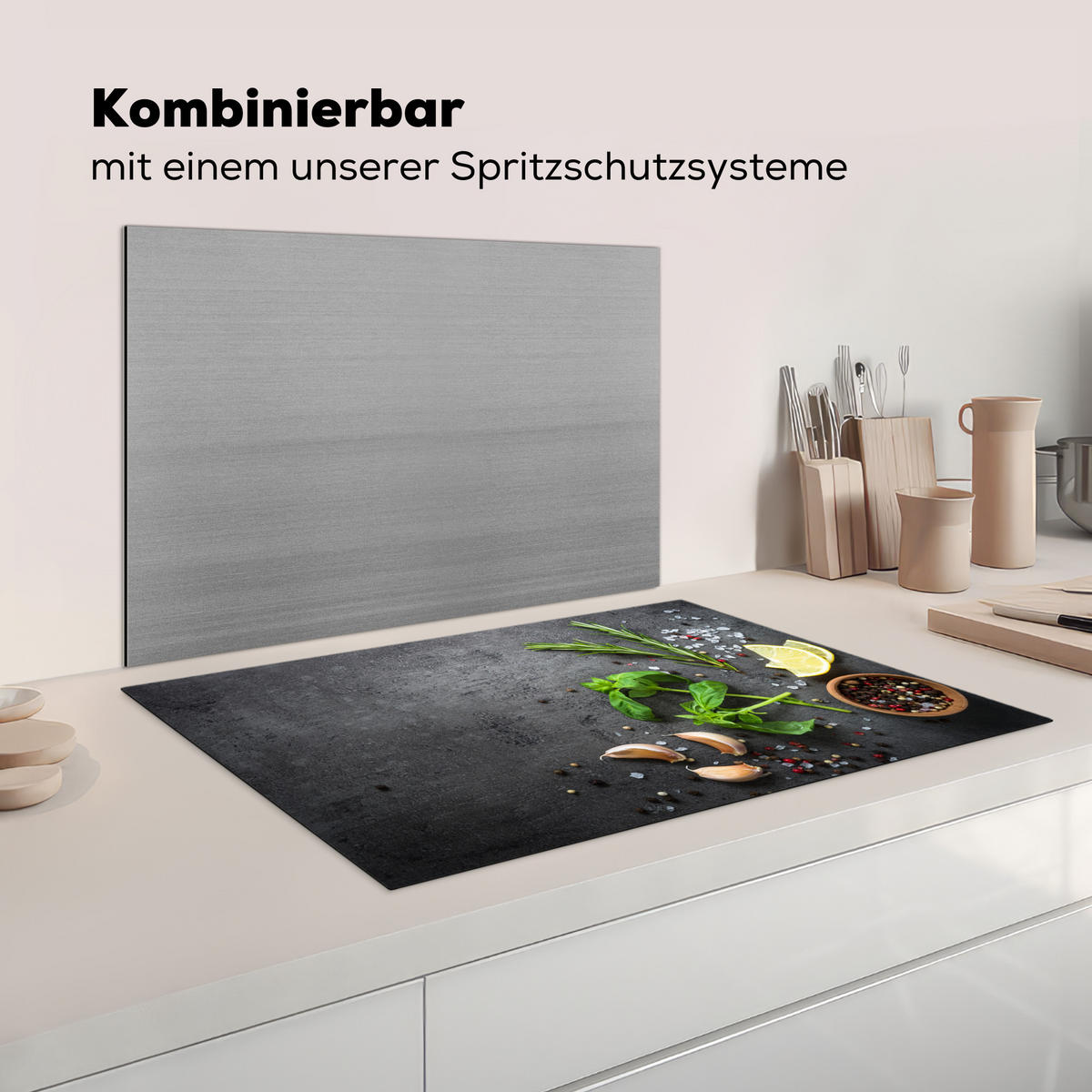 HERDABDECKPLATTE Limette - Kräuter - Gewürze - Grün - Grau - Beton 81x52 cm - Grün, Kunststoff (81/52/0.2cm) - MuchoWow