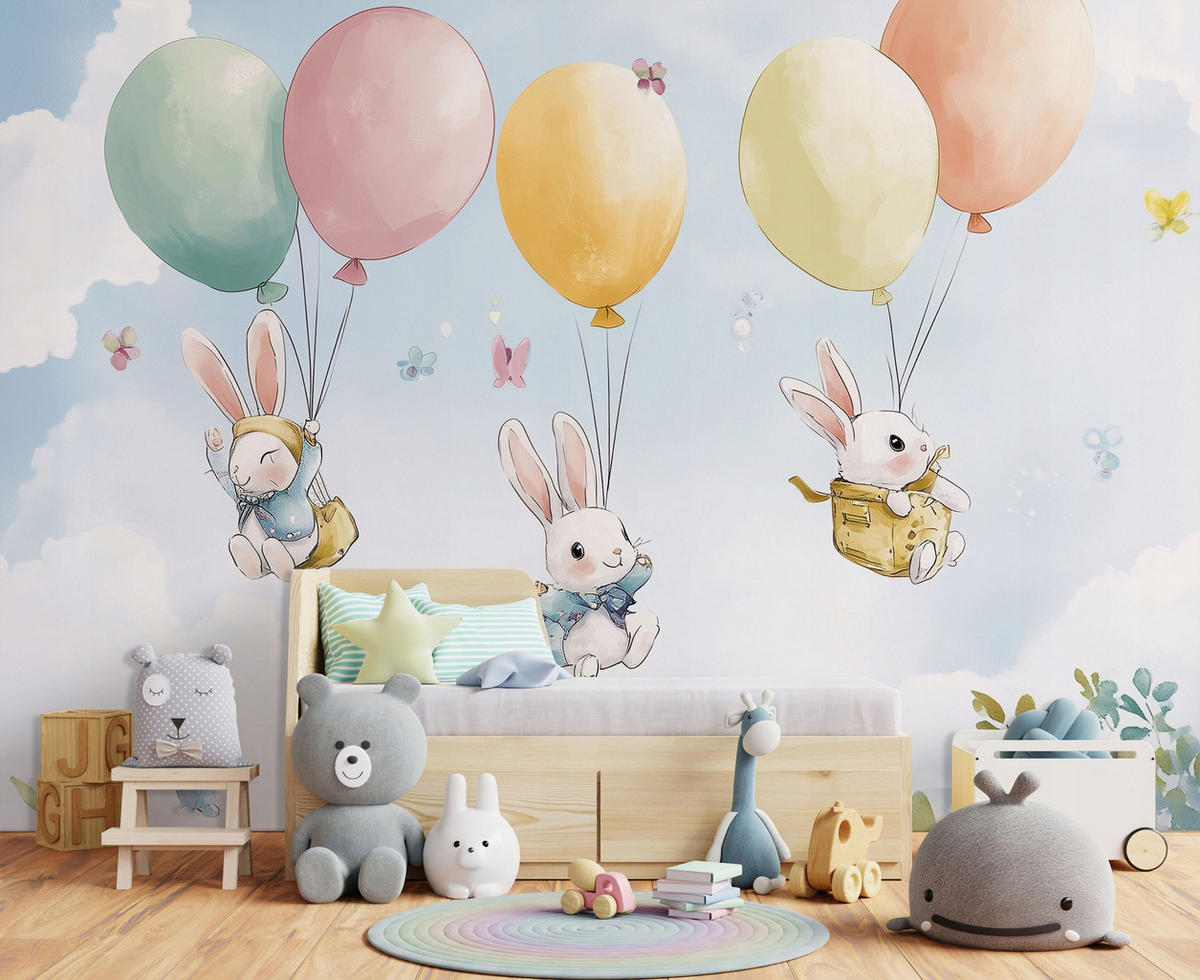 FOTOTAPETE Kinderzimmer Mädchen Kaninchen Wolken 300x210 - Multicolor, Papier (300/210cm) - Wallarena