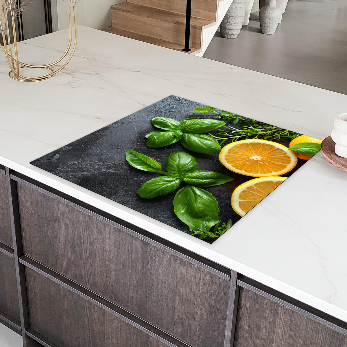 HERDABDECKPLATTE Obst - Grau - Konkret - Orange - Pflanzen Induktionsmatte 78x78 cm - Anthrazit, Kunststoff (78/78/0.2cm) - MuchoWow