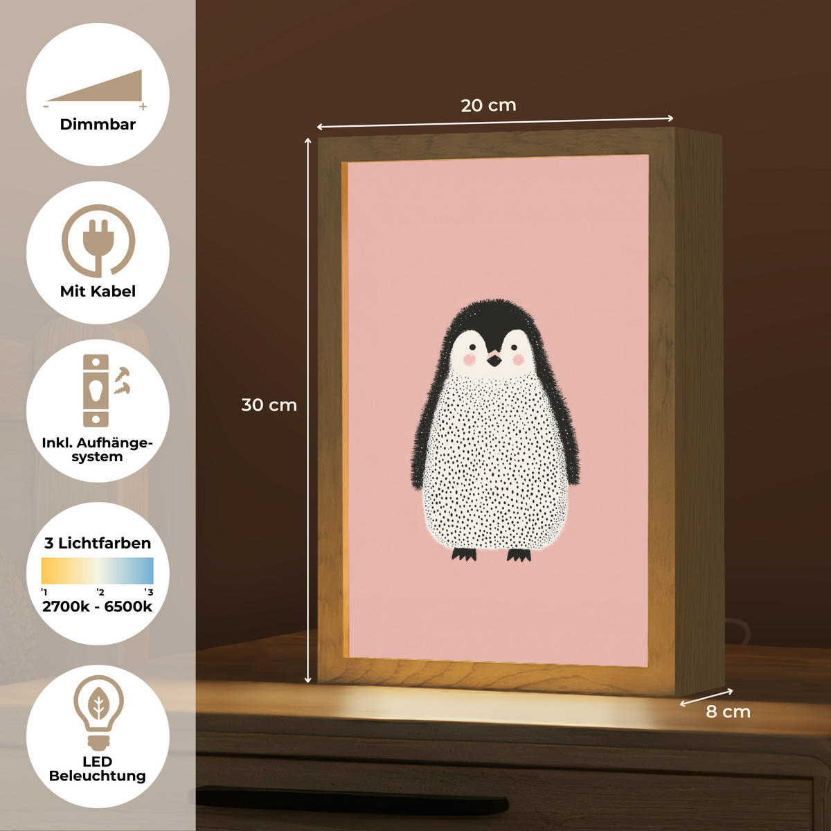 NÁSTĚNNÁ LAMPA Tučňák - Tečky - Minimalistický - Růžový 20x30 cm - růžová, kompozitní dřevo (20/30/8cm) - OnlyWow