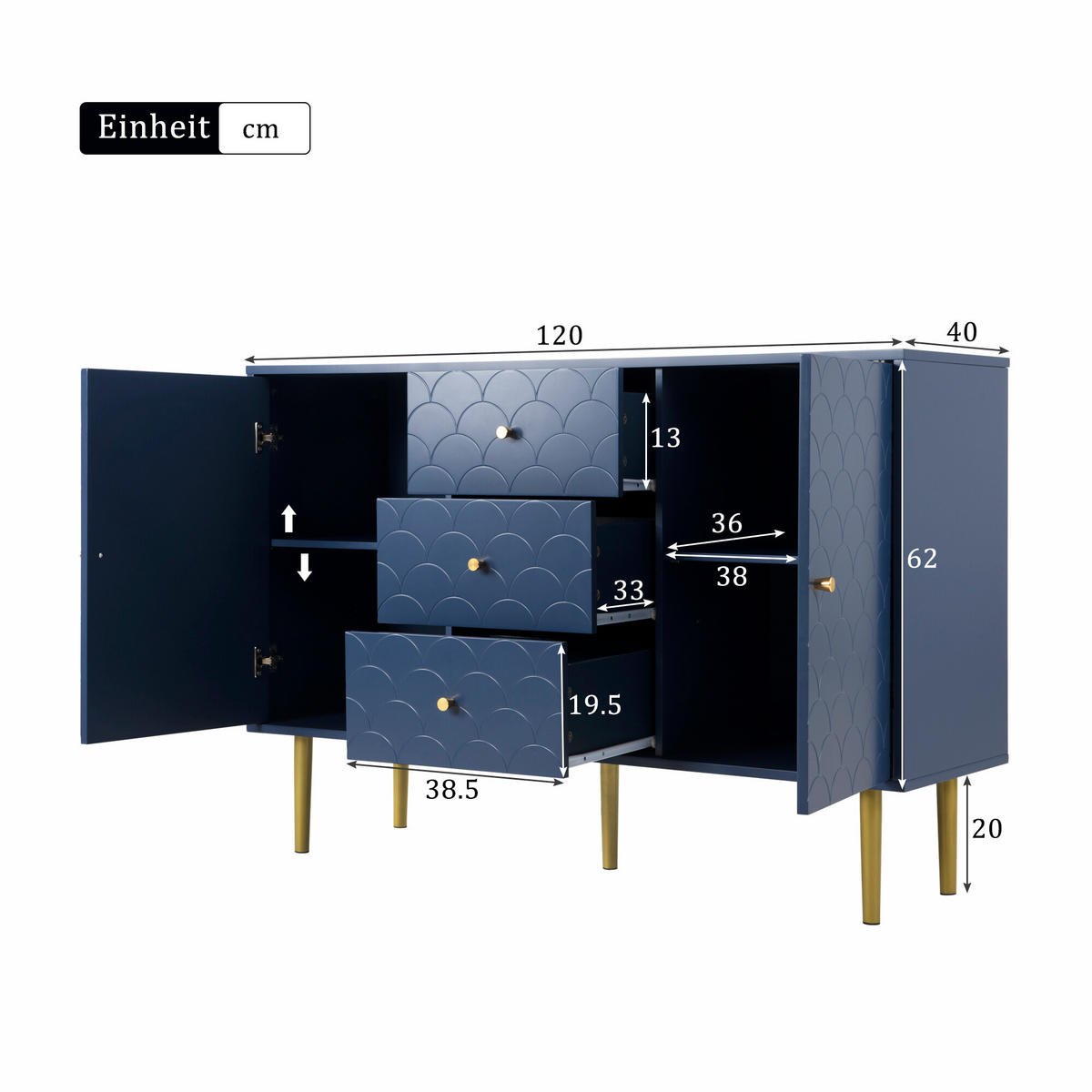 SIDEBOARD 2 Türen und 3 Schubladen, Verstellbare Ablage Blau 120/40/82CM - Blau, Holzwerkstoff/Metall (40/82/120cm) - Urban Meuble
