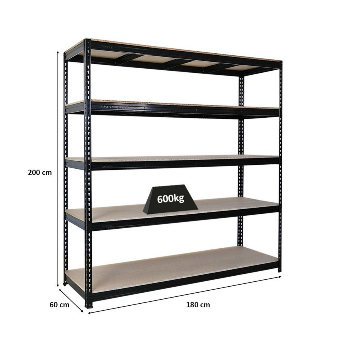 SCHWERLASTREGAL Bison 200x180x60 cm 5 Spanplatten-Ebenen 16mm Fachlast 600 kg Schwarz - Schwarz, Metall (180/200/60cm) - PROREGAL