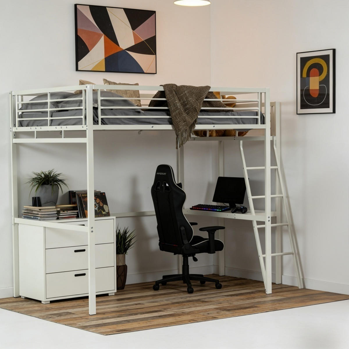 HOCHBETT Metall Weiß 140x200 cm – Loftbett mit Arbeitsbereich, Leiter und Sicherheitsgeländer - Weiß, Metall (145.5/201cm) - Meubles Cosy