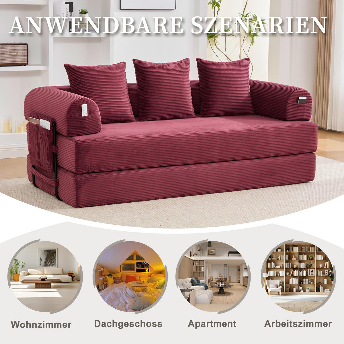 SCHLAFSOFA, Modulares Tagesbett mit Metallgestell, Klappbares Bodensofa Cordstoff, Weinrot - Weinrot, Textil (94/67/200cm) - LVHOM
