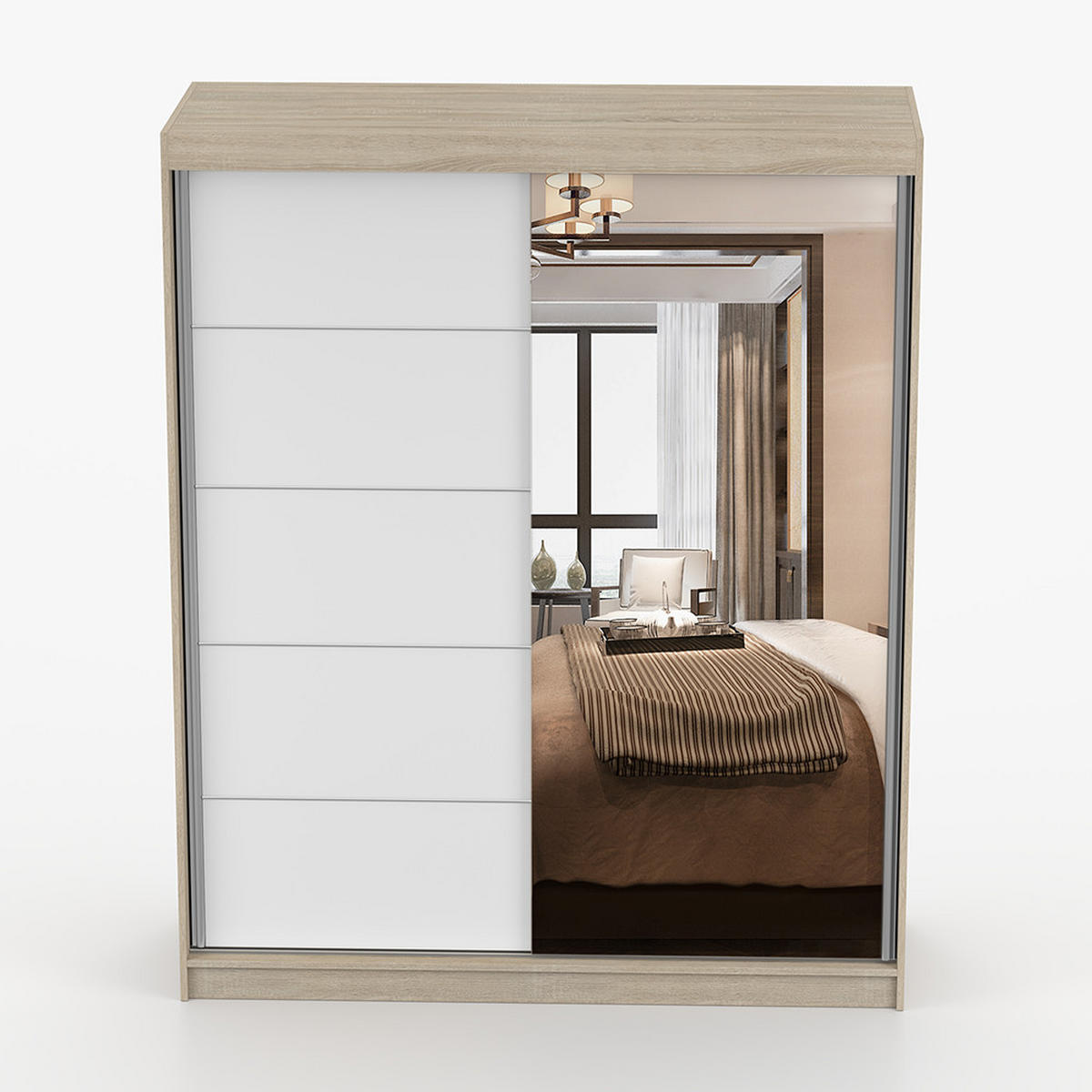 SCHWEBETÜRENSCHRANK BONO 05 Sonoma Eiche/Weiß mit Spiegel 160 cm - Alufarben/Weiß, Holzwerkstoff/Metall (160/195/61cm) - imoebel24