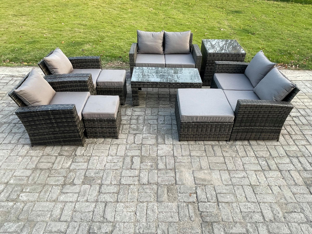 GARTENMÖBEL Set Polyrattan Dunkelgrau 9-Sitzer - Dunkelgrau, Metall - Fimous