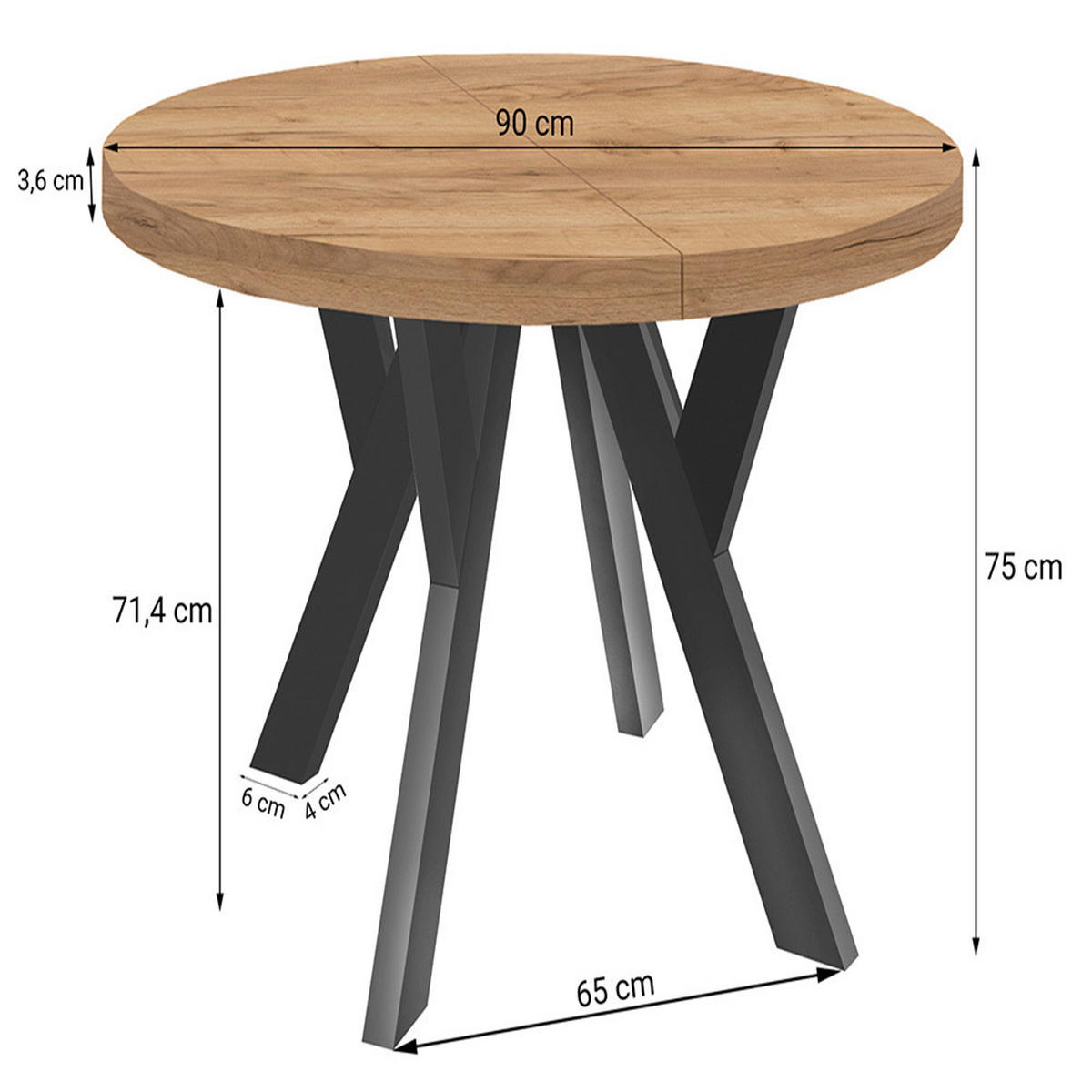 ESSTISCH Runder Ausziehbarer PERO 90/140, Craft Golden/Schwarz - Braun, Holz (140/90/77cm) - Dekori_Interiors