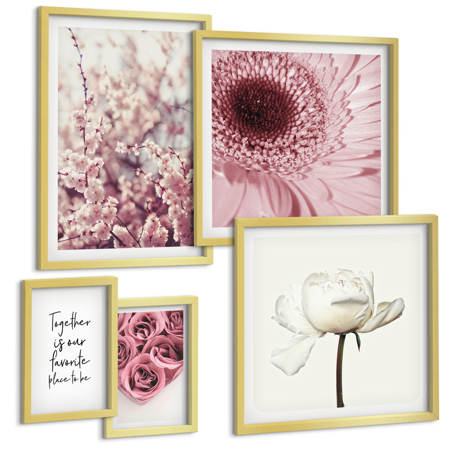 BILDER SET 5er Set - 50x50 cm & 20x30 cm & 40x60 cm Goldrahmen - Blumensträuße mit Rosen, Hausinschrift - Goldfarben, Kunststoff (40/60cm) - TULUP