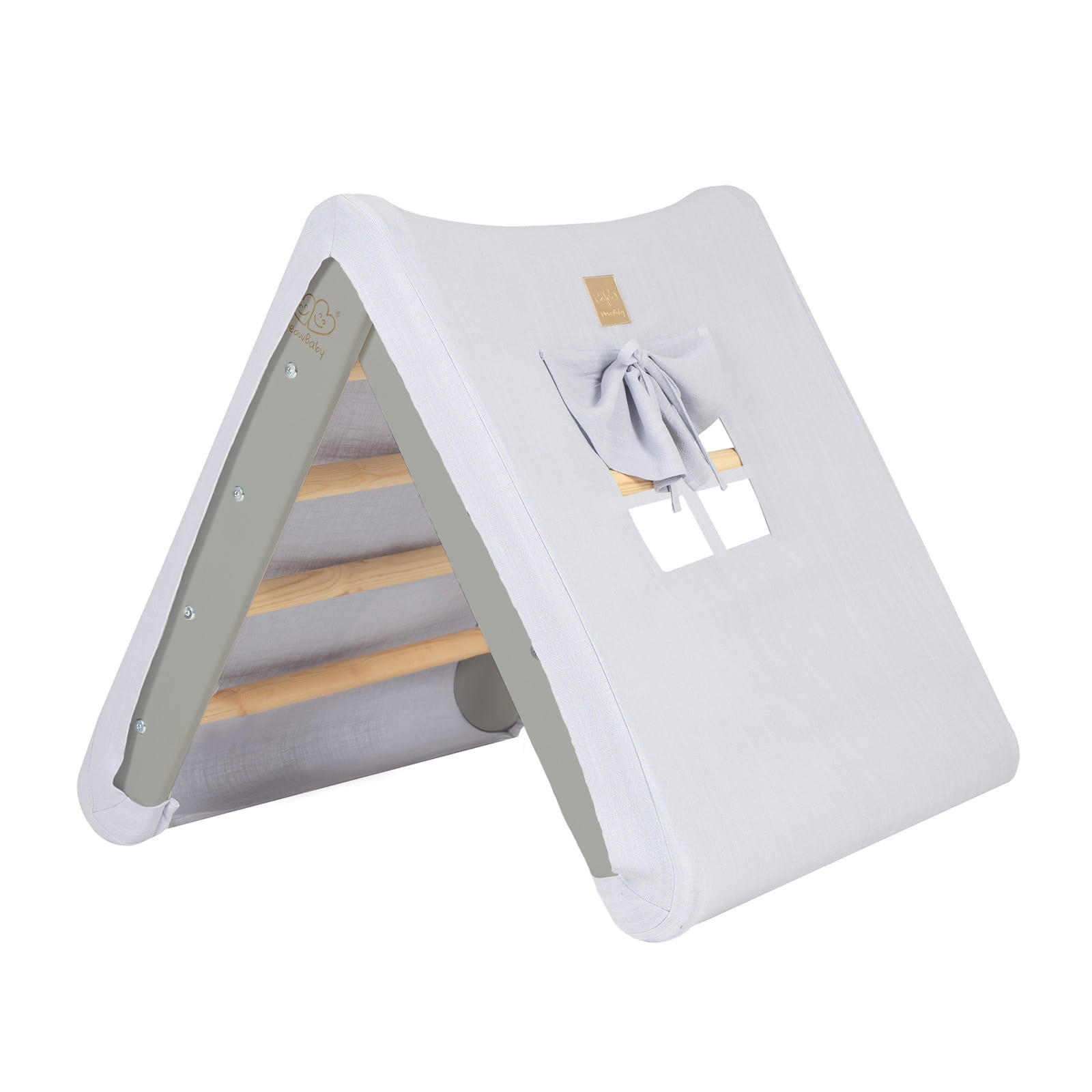KLETTERDREIECK Haus für Kinder mit Grau-Blauem Dach, Zarter Stoff, Montessori, Grau - Blaugrau/Grau, Holz (59.5/59/60cm) - MeowBaby