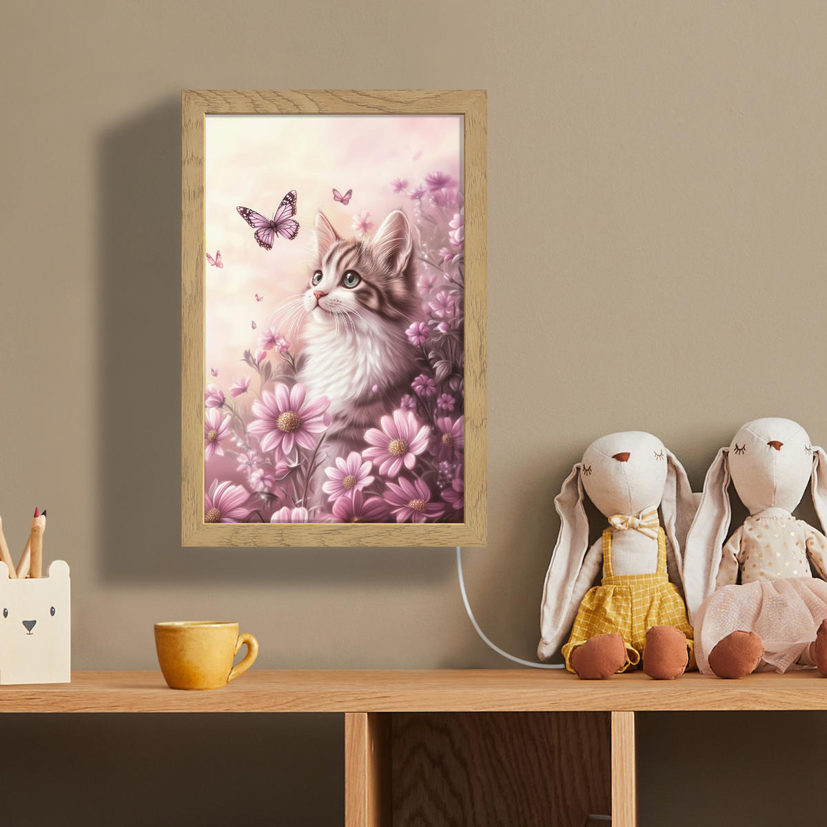 NÁSTĚNNÁ LAMPA Koťátko - Květiny - Motýli - Fialová 20x30 cm - starorůžová, kompozitní dřevo (20/30/8cm) - OnlyWow