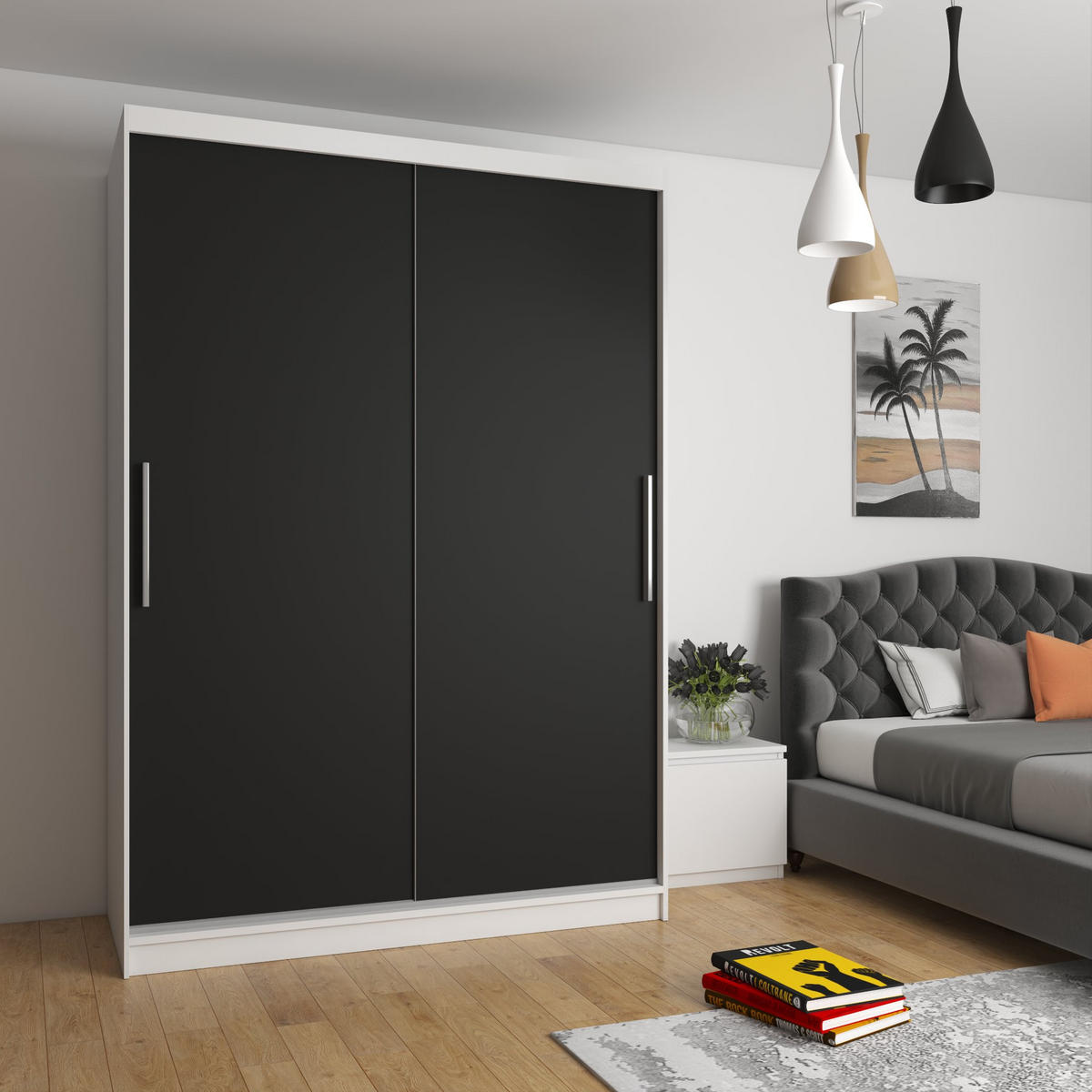 BELINI Verona, komoda s posuvnými dverami, 133 cm, biela/čierna, matný povrch - šatová skriňa so 4 zásuvkami, vhodná do spálne - čierna, drevo (133/216/60cm) - B BELINI GROUP
