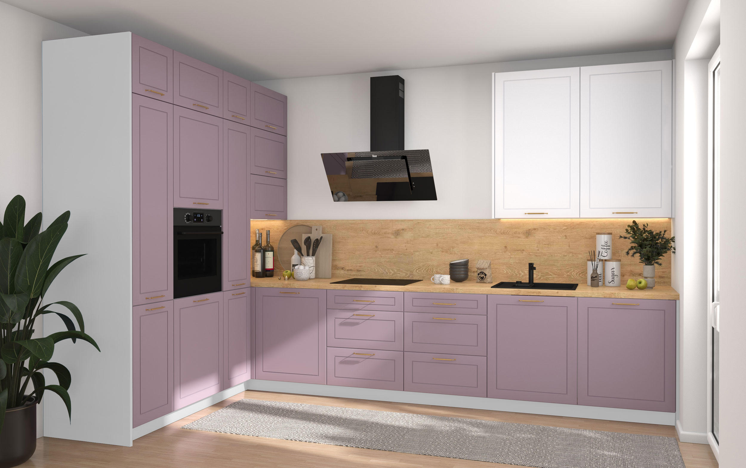 L-FORM KÜCHENZEILE Bari (16-tlg) Weiß / Pastellviolett - Signalweiß - Violett, Holzwerkstoff/Metall (347/243/202cm) - Feldmann-Wohnen
