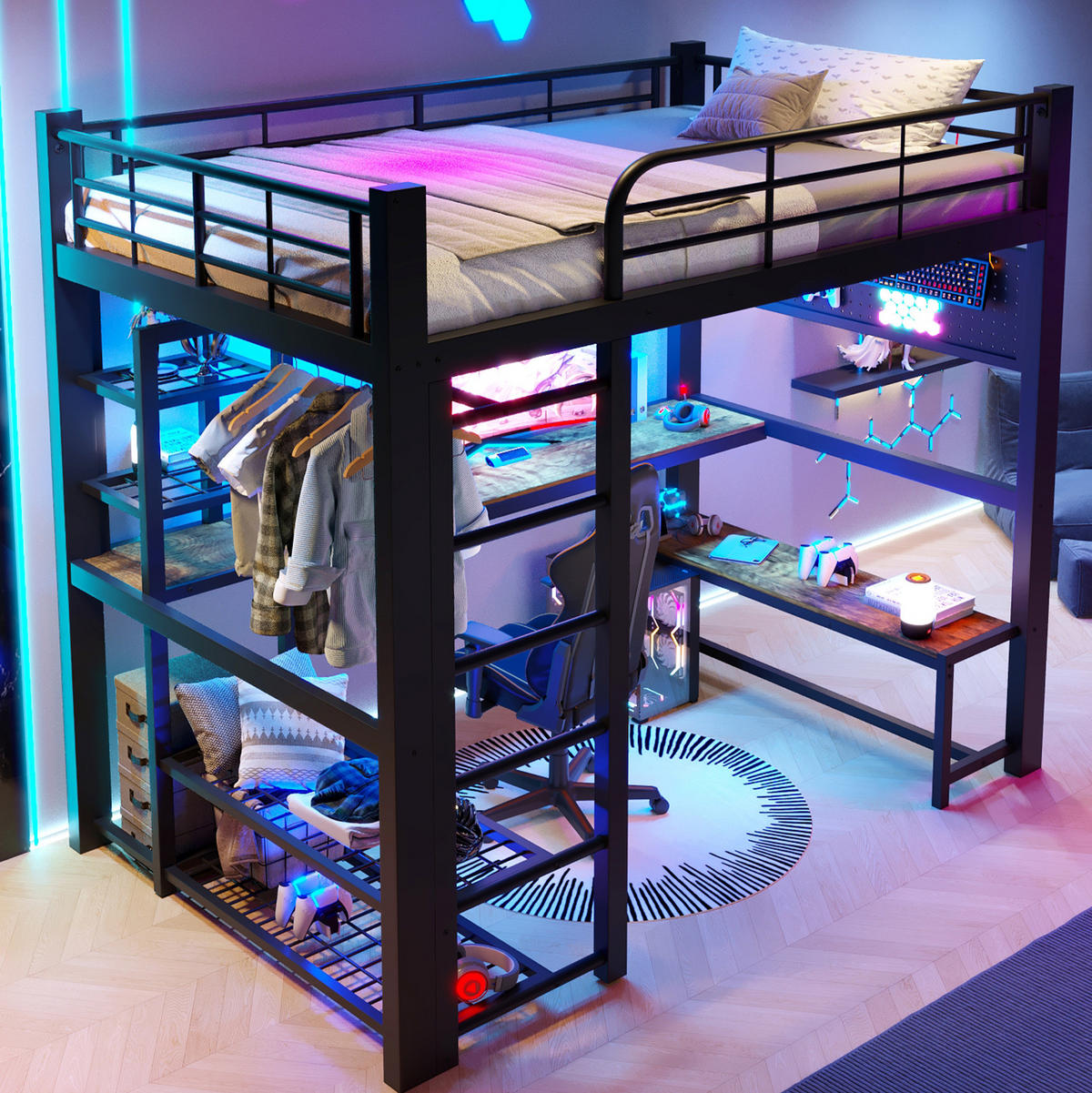 HOCHBETT 140/200 cm Schwarz mit LED und Schreibtisch ohne Matratze - Schwarz, Metall (140/200cm) - MIVRAY