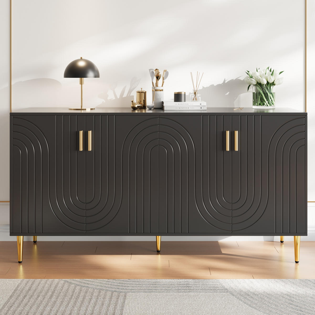 SIDEBOARD in Schwarz Anrichte mit einzigartigem Wellendesign und goldenen Griffen für Wohnzimmer, B152/T40/H75 cm - Goldfarben/Schwarz, Holzwerkstoff/Metall (152/75/40cm) - STILVORA