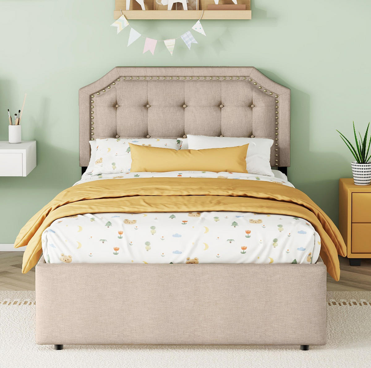 POLSTERBETT 90/200 cm Dunkelbeige mit Aufbewahrung und Zierknöpfen - Beige, Textil (90/200cm) - OKWISH