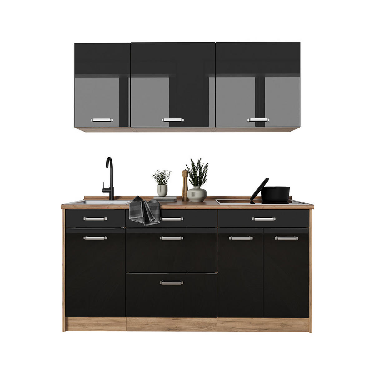 SINGLEKÜCHE R-Line, Schwarz Hochglanz/Goldkraft Eiche, 160 cm Arbeitsplatte Anthrazit - Honigeiche/Schwarz Hochglanz, Holzwerkstoff (160/81.6/60cm) - Vicco